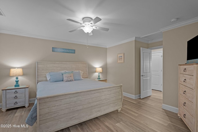 bedroom with crown molding, ceiling fan, and light wood-type flooring