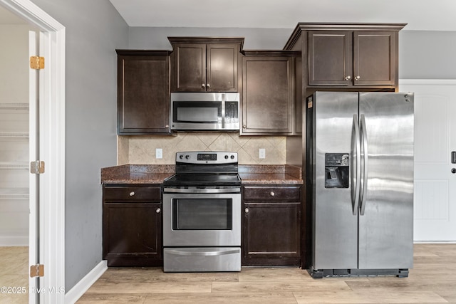 kitchen featuring tasteful backsplash, appliances with stainless steel finishes, dark brown cabinets, and light wood-type flooring