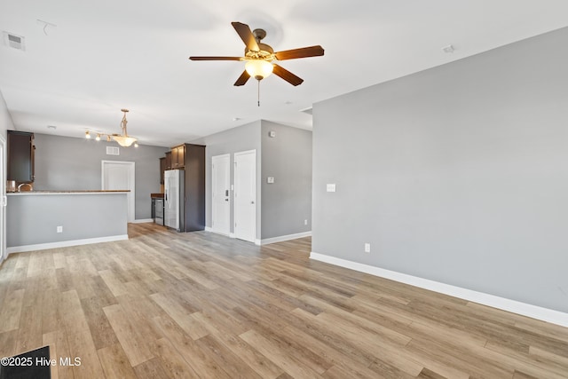 unfurnished living room with ceiling fan and light hardwood / wood-style flooring