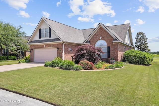 view of front of property featuring a garage and a front lawn