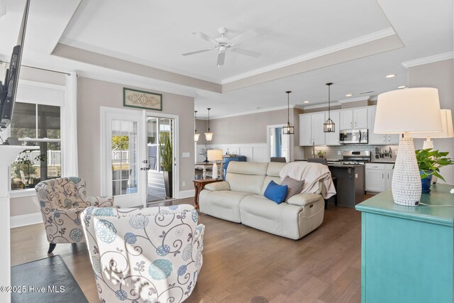 living room with dark wood-type flooring, a raised ceiling, and french doors