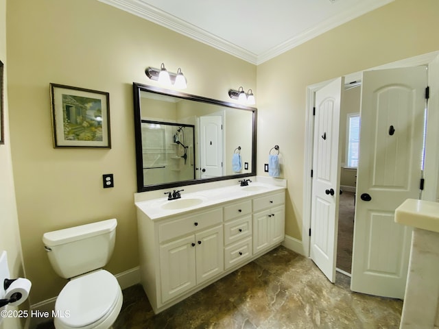 bathroom with ornamental molding, toilet, a shower with door, and vanity