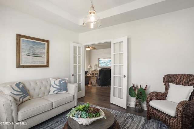 living room with french doors, dark hardwood / wood-style floors, and a raised ceiling