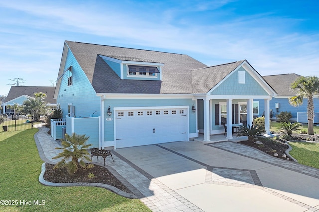 view of front of house with a garage, a front lawn, and a porch