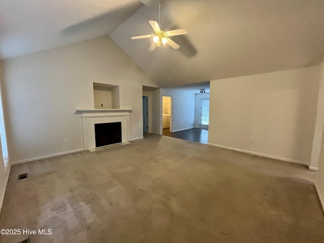 unfurnished living room featuring ceiling fan, carpet floors, and high vaulted ceiling