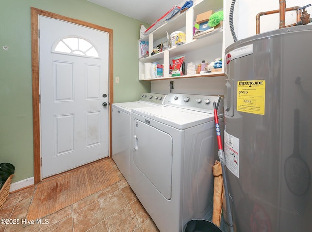 laundry area with laundry area, washing machine and dryer, and electric water heater