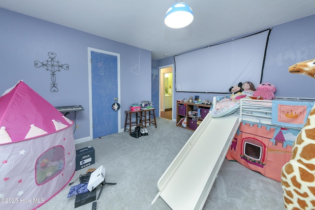 game room featuring light colored carpet