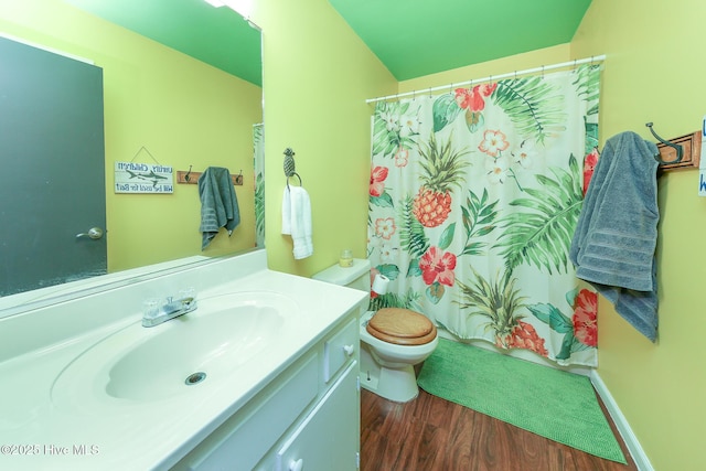 bathroom with toilet, a shower with shower curtain, wood finished floors, and vanity