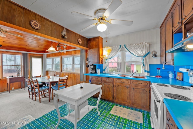 kitchen with sink, plenty of natural light, ceiling fan, and white range with electric cooktop