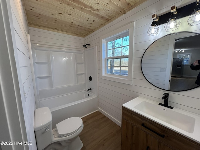 full bathroom with toilet, wood ceiling, wooden walls, hardwood / wood-style flooring, and shower / bath combination