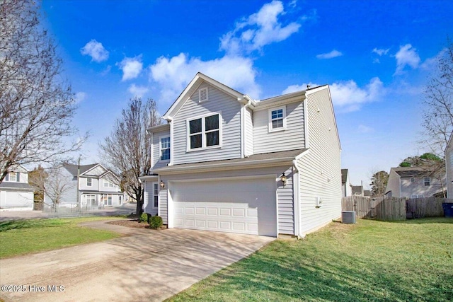 front of property featuring cooling unit, a garage, and a front lawn