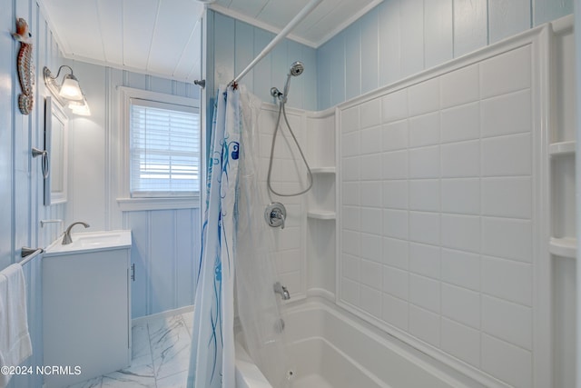 bathroom with vanity and shower / tub combo with curtain