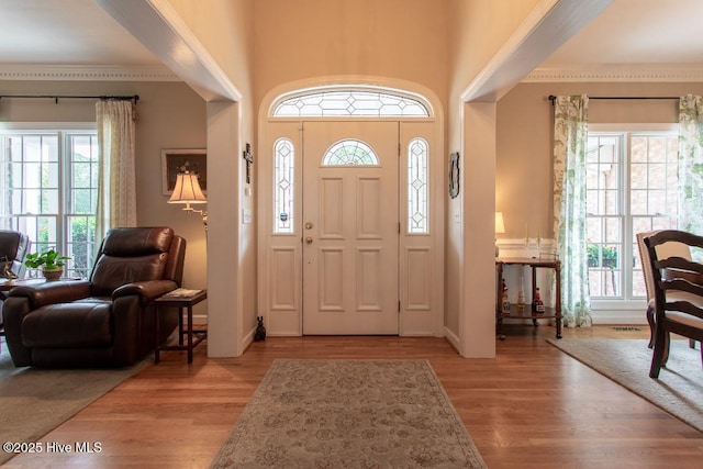 entryway with a wealth of natural light and light hardwood / wood-style floors