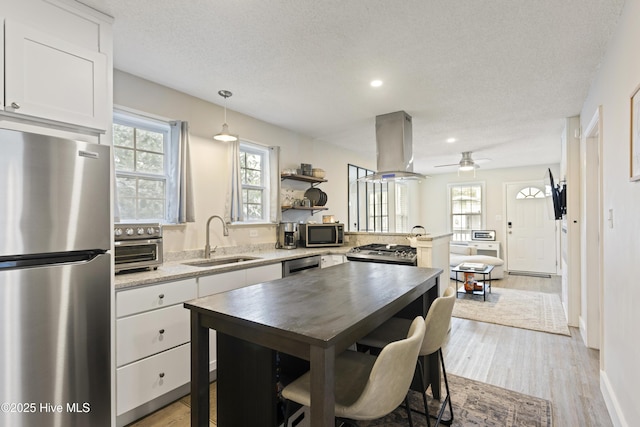 kitchen with sink, hanging light fixtures, appliances with stainless steel finishes, island exhaust hood, and white cabinets