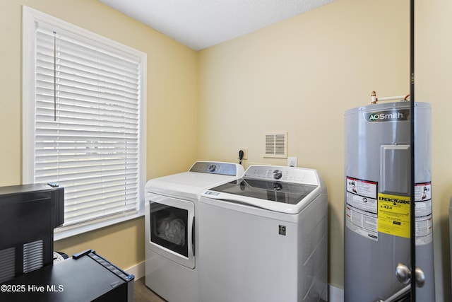 laundry room featuring water heater and washing machine and clothes dryer