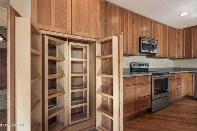 kitchen featuring brown cabinets, dark wood finished floors, open shelves, stainless steel appliances, and recessed lighting