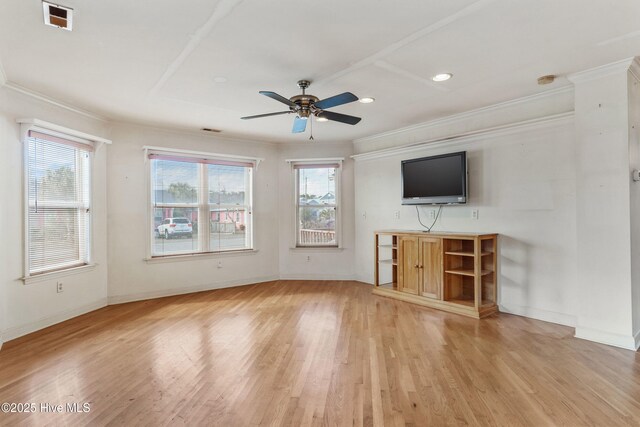 unfurnished living room featuring recessed lighting, wood finished floors, baseboards, stairs, and ornamental molding