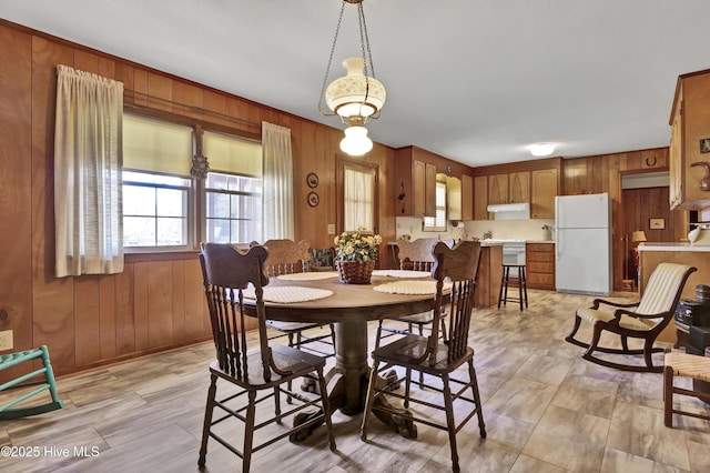 dining area with wood walls