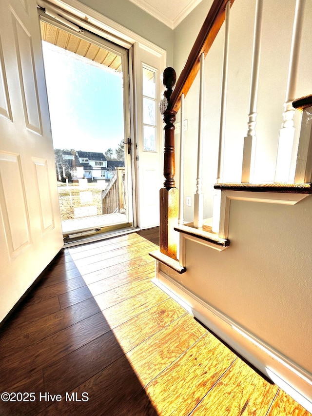 entryway with dark wood-type flooring and ornamental molding