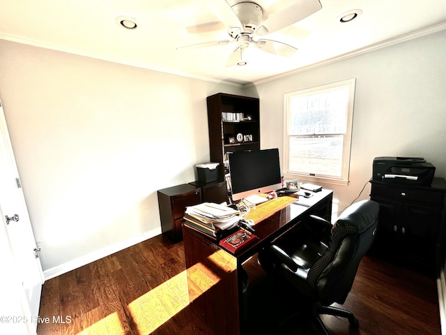 office featuring ornamental molding, ceiling fan, and dark hardwood / wood-style flooring