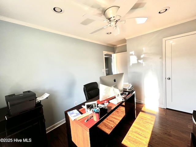 office space featuring crown molding, ceiling fan, and dark hardwood / wood-style flooring