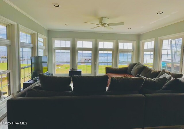 living room with ornamental molding and ceiling fan