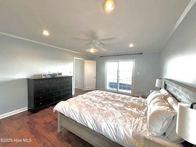 bedroom with ornamental molding, dark wood-type flooring, and ceiling fan