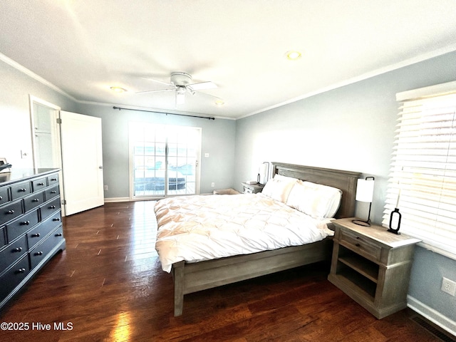 bedroom with dark wood-type flooring, ceiling fan, ornamental molding, and access to exterior