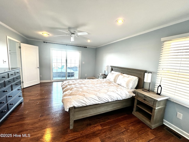 bedroom featuring ceiling fan, ornamental molding, dark hardwood / wood-style floors, and access to outside