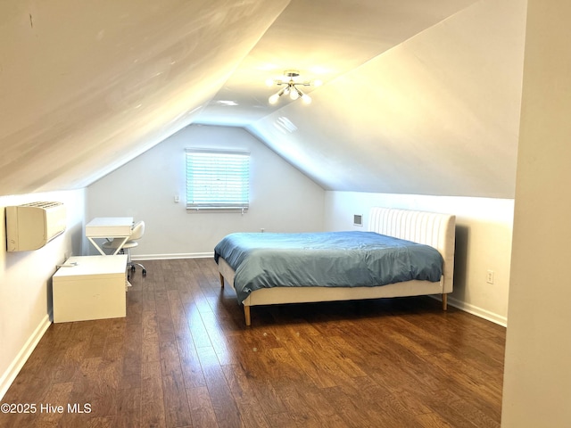 bedroom featuring dark hardwood / wood-style flooring and lofted ceiling