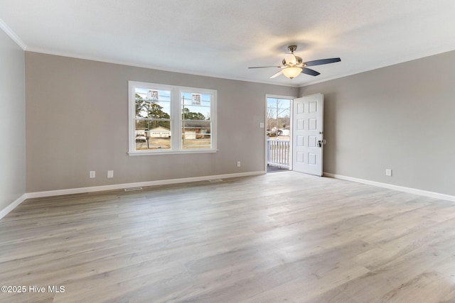 unfurnished room with crown molding, ceiling fan, and light wood-type flooring