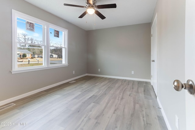 empty room with light hardwood / wood-style flooring and ceiling fan