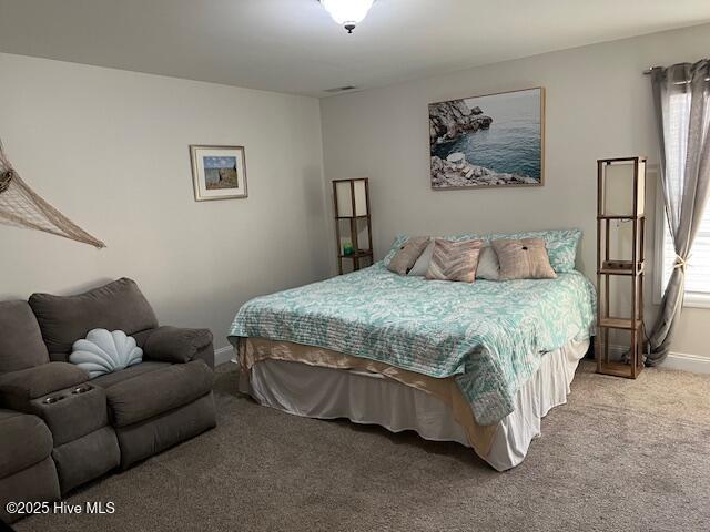 carpeted bedroom featuring multiple windows