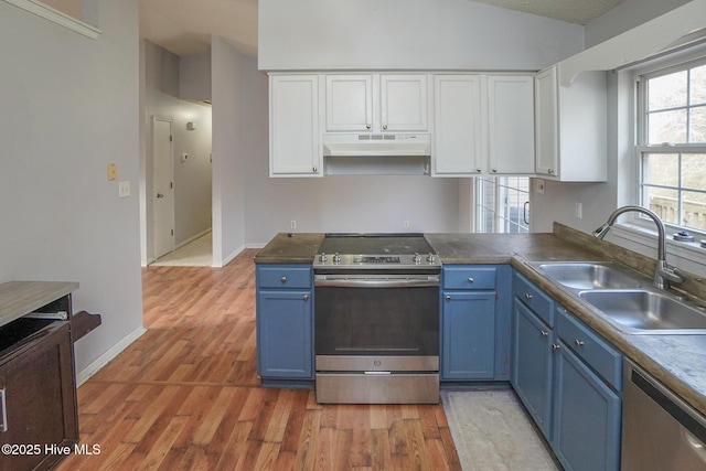 kitchen featuring blue cabinetry, sink, white cabinetry, light hardwood / wood-style flooring, and appliances with stainless steel finishes