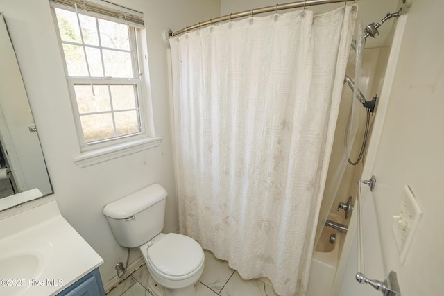 full bathroom featuring vanity, shower / bath combination with curtain, and toilet