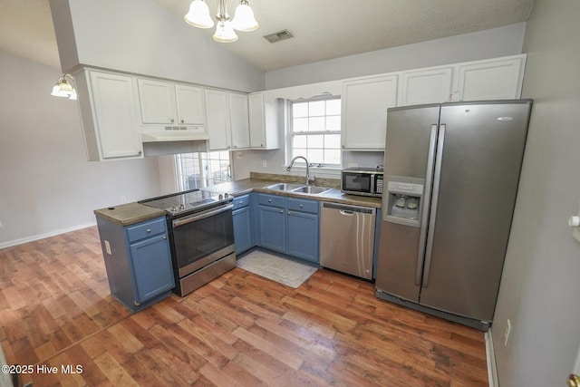 kitchen featuring appliances with stainless steel finishes, pendant lighting, sink, white cabinets, and blue cabinetry