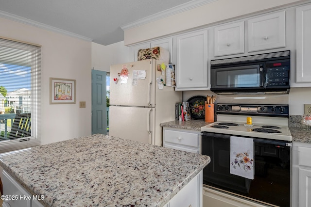 kitchen with white fridge, white cabinetry, crown molding, and electric range oven