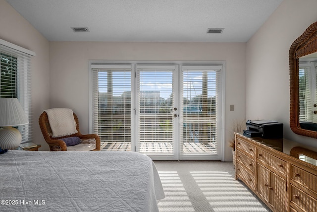 bedroom featuring multiple windows, access to exterior, light colored carpet, and a textured ceiling