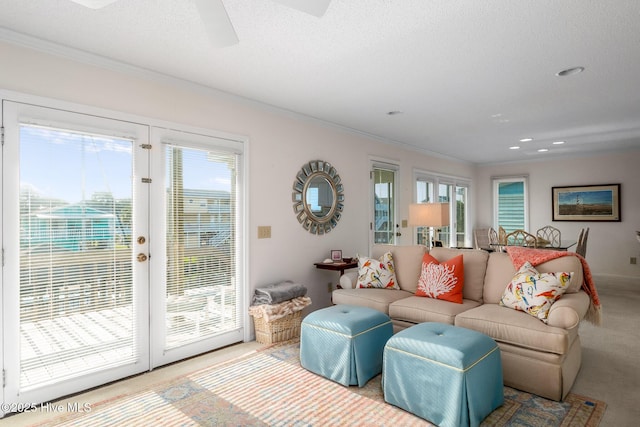 carpeted living room featuring ceiling fan, crown molding, french doors, and a textured ceiling