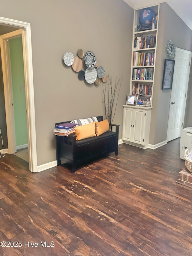 living area featuring dark wood-type flooring and built in shelves