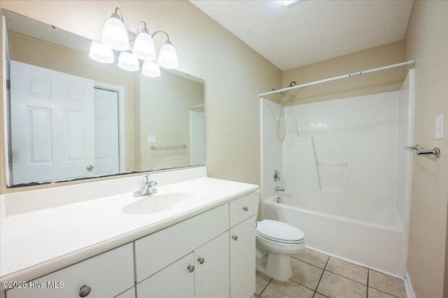 full bathroom with tile patterned flooring, vanity, shower / bathing tub combination, a textured ceiling, and toilet