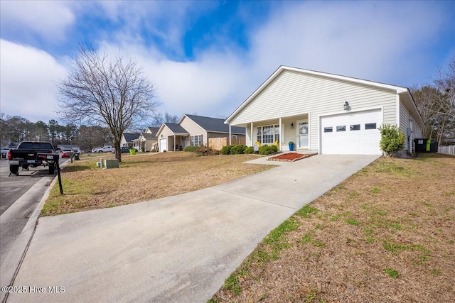 single story home with a porch, a garage, and a front yard