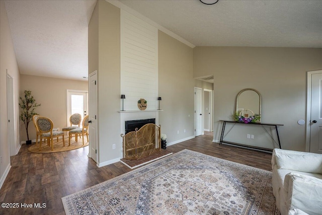 living room with vaulted ceiling, dark wood-type flooring, a textured ceiling, and a fireplace