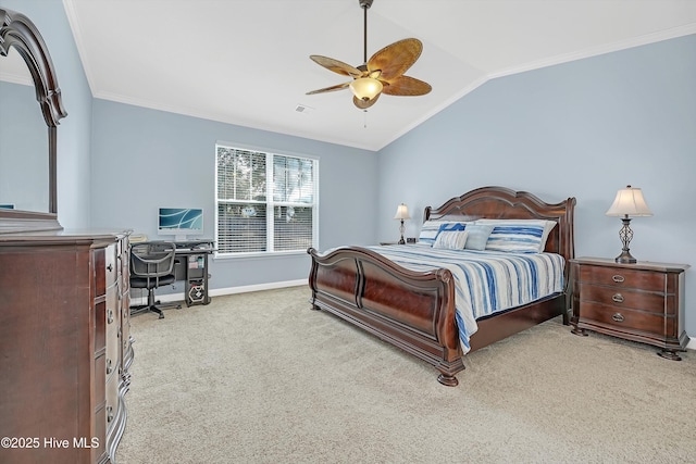 carpeted bedroom with ceiling fan, ornamental molding, and lofted ceiling