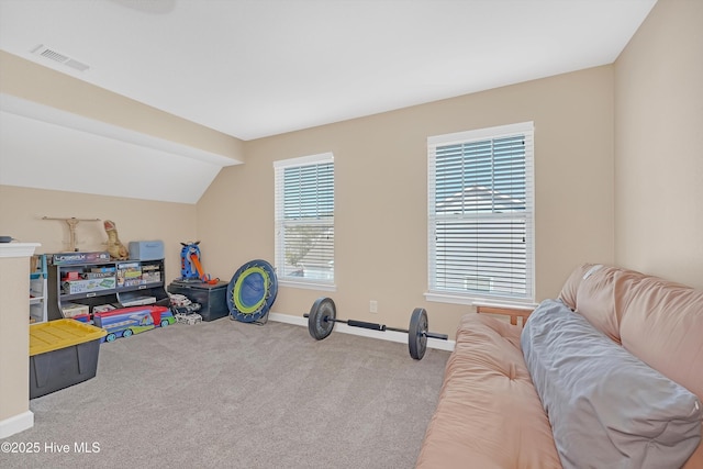 game room featuring carpet floors and vaulted ceiling