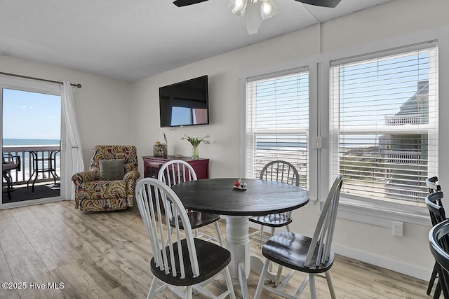 dining room featuring a water view, plenty of natural light, light hardwood / wood-style flooring, and a textured ceiling