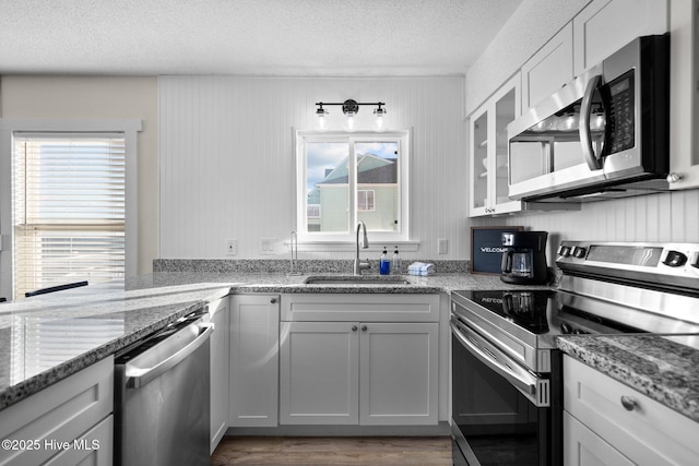 kitchen with glass insert cabinets, light stone countertops, stainless steel appliances, a textured ceiling, and a sink