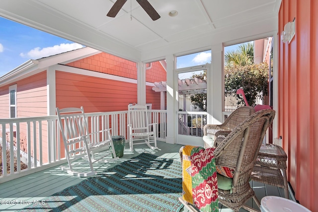 sunroom / solarium featuring ceiling fan