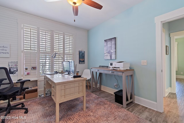 office area with wood-type flooring and ceiling fan