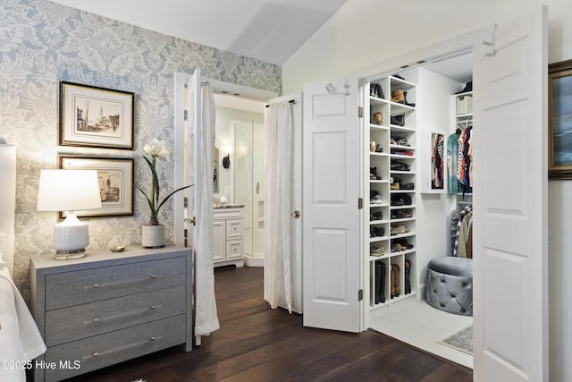 walk in closet featuring dark wood-style floors and lofted ceiling